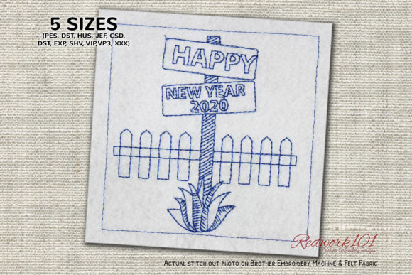 Sign Board with New Year Text Redwork